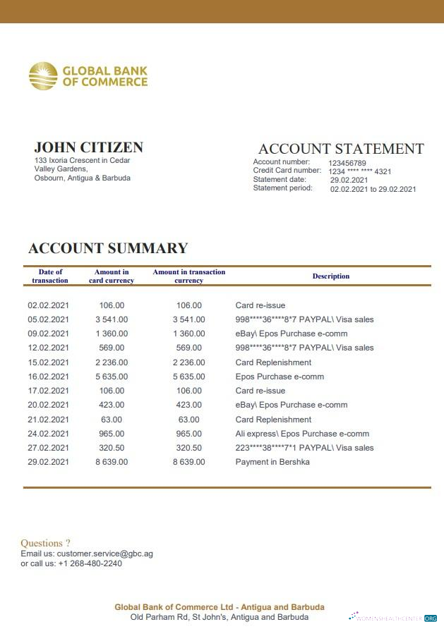 Download Antigua and Barbuda Global Bank of Commerce bank statement excel Photoshop template